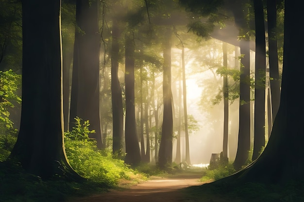 cena vetorial realista de uma paisagem florestal serena, enfatizando a grandeza das árvores imponentes