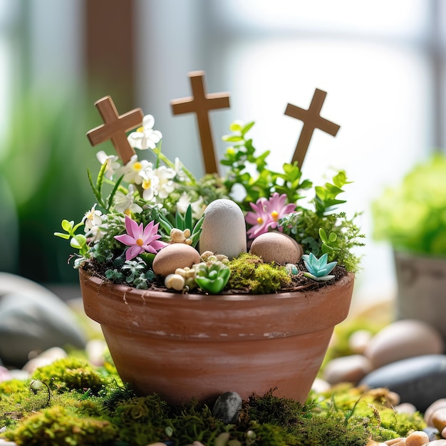 Cena vibrante da ressurreição da Páscoa com cruzes em meio às flores da primavera