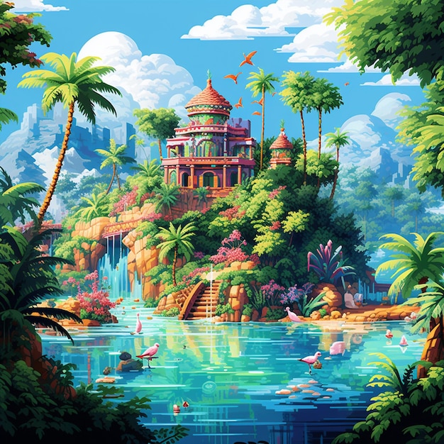 Cena vibrante de Pixel Art de um paraíso tropical
