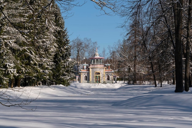 Cenador chino en la orilla de los estanques superiores en el Parque Catherine de Tsarskoye Selo en un soleado día de invierno Pushkin San Petersburgo Rusia