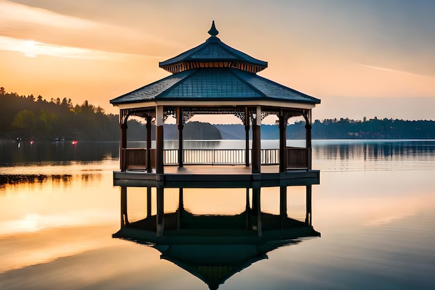 Un cenador en un lago con una puesta de sol de fondo