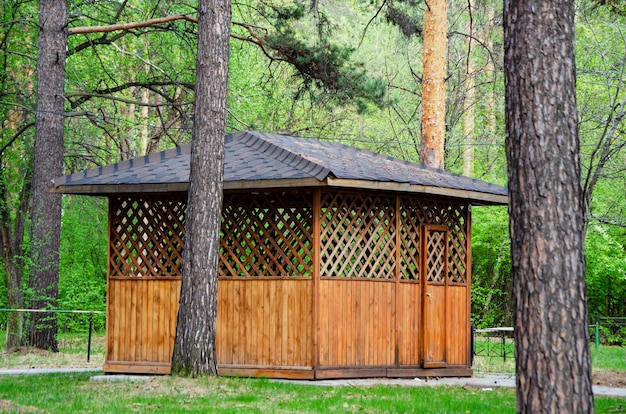 Cenador de madera para relajarse en el bosque de pinos Área de recreación recreación al aire libre