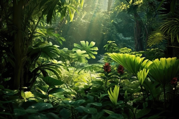 Cenário cativante da floresta tropical com folhagem verde exuberante e beleza natural tranquila