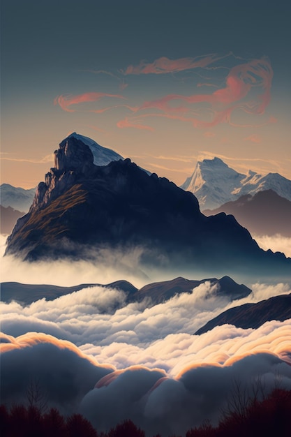 Cenário com nuvens de montanhas e céu criado usando tecnologia de IA generativa