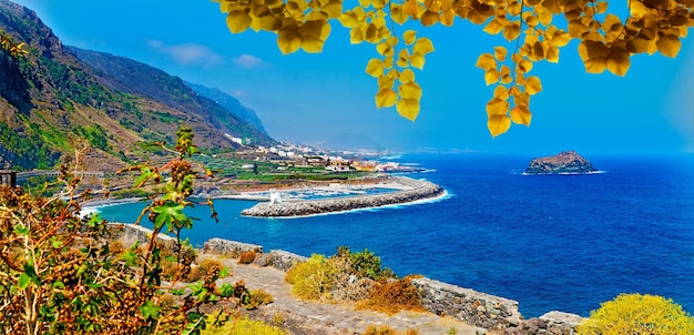 Cenário da ilha de TenerifeOceano e bela pedraPraia de Garachico