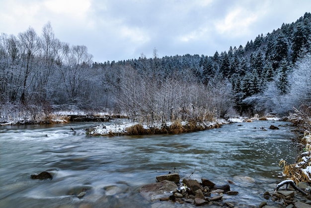 Cenário da natureza de dezembro, paisagem pitoresca, rio entre montanhas e árvores foscas ao amanhecer, mesclagem de fotos HDR