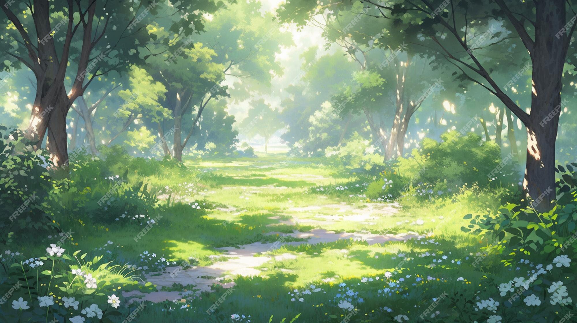 Cenário de anime de um caminho através de uma floresta com flores e árvores  ai generativa