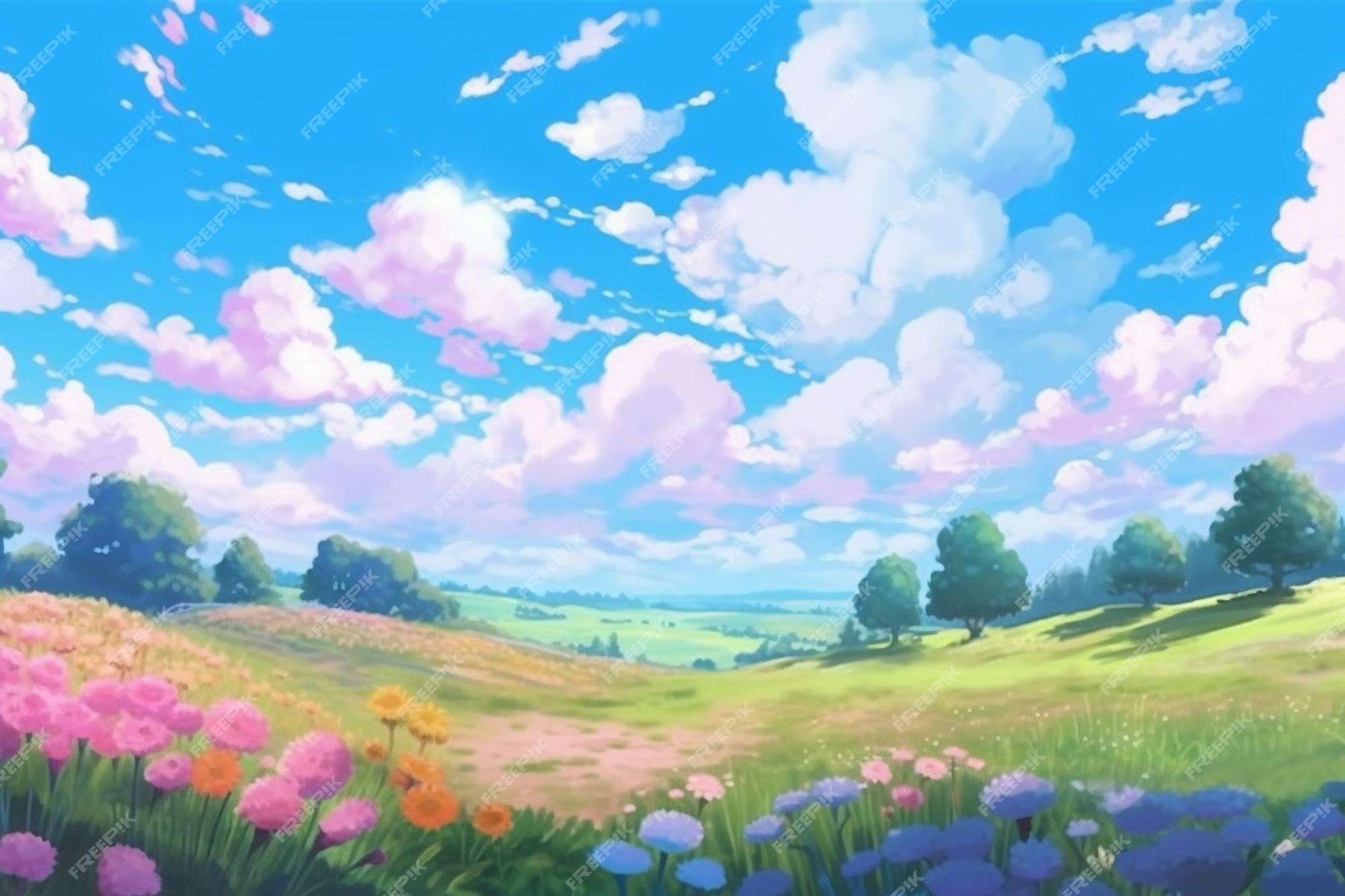 Fundo de anime, floresta, árvores e flores ao fundo