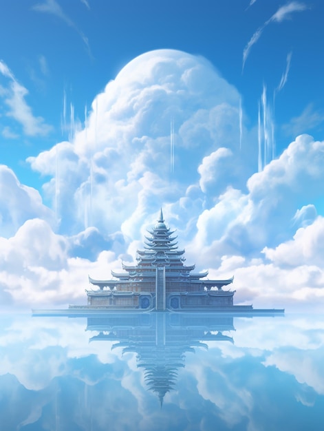 Foto cenário de anime de um templo no meio de um lago ai generativo