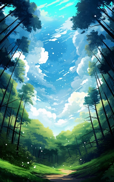 Cenário de anime de uma estrada em uma floresta com um fundo do céu generativo ai