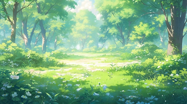 cenário de anime de uma floresta verde com flores e árvores ai generativa