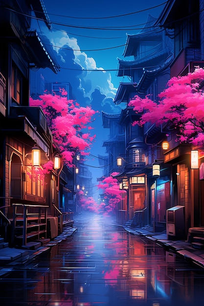 Foto cenário de anime de uma rua com árvores cor de rosa e lanternas generativas ai