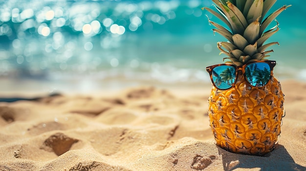 Foto cenário de areia tropical à beira-mar com um abacaxi usando óculos de sol generative ai