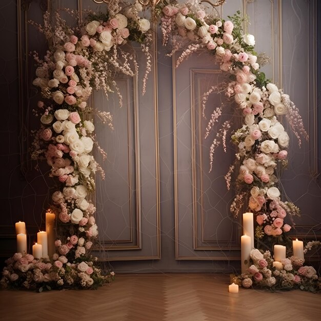 Cenário de casamento com flores e fundo de decoração de casamento criado com tecnologia de IA generativa