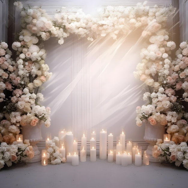 Cenário de casamento com flores e fundo de decoração de casamento criado com tecnologia de IA generativa