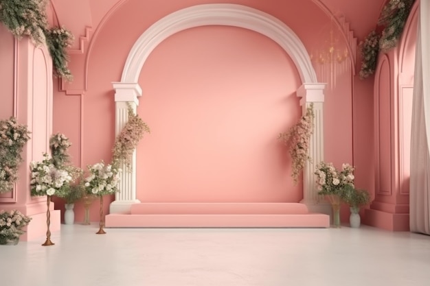 Cenário de casamento decoração de flores estética pastel fundo de estúdio minimalista interno AI gerado