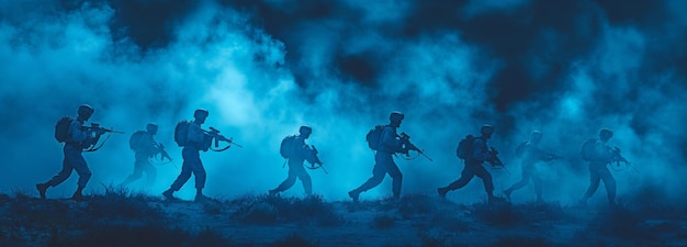 Cenário de combate militar com silhuetas contra um fundo de névoa de guerra