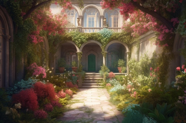 Cenário de conto de fadas para a arquitetura do castelo do apanhador de sonhos no estilo vray traçando intrincadas pinturas delicadas de flores e jardins IA generativa