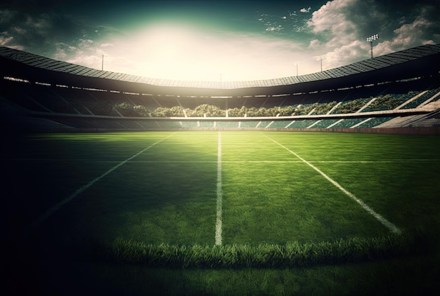 Cenário de estádio durante o dia com um campo de grama exuberante