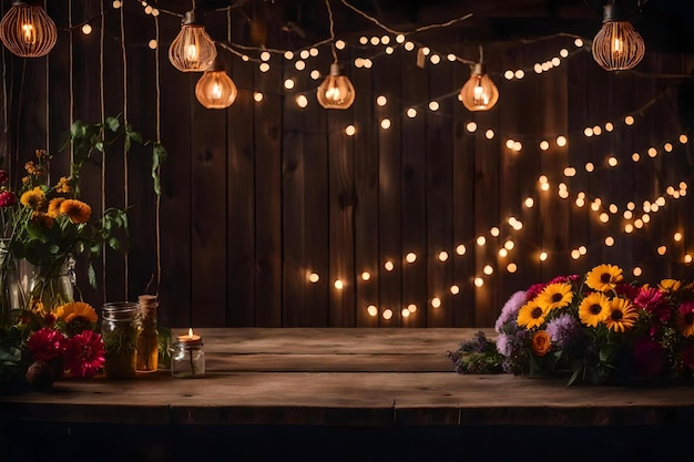 cenário de filme de madeira de celeiro vintage pano de fundo realista sombras cor selvagem flores cheias luzes festão