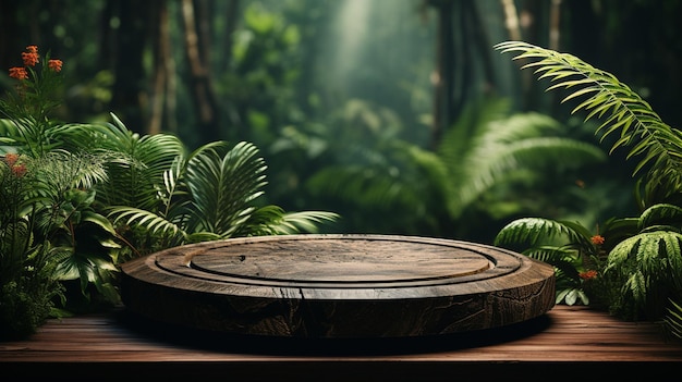 Cenário de floresta tropical com um pedestal de madeira mostrando um produto contra um pano de fundo verde renderização em 3D GENERATE AI