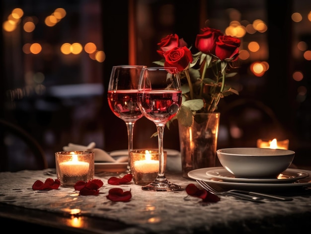 Cenário de jantar romântico com flores e velas de talheres e rosa vermelha na mesa Generative AI