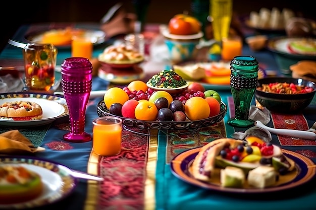 Foto cenário de mesa com comida halal colorida do ramadã generative ai