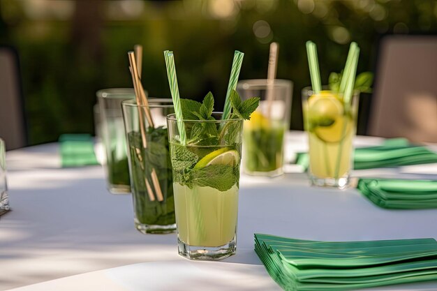 Cenário de mesa com copos de mojito e canudos decorativos criados com ai generativa