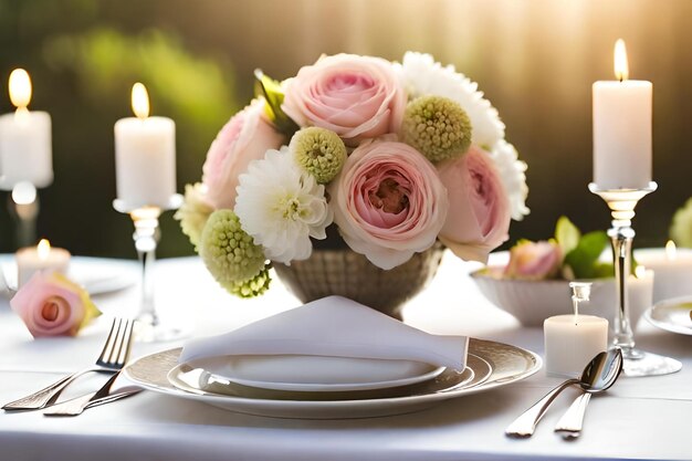 Cenário de mesa com uma vela e flores