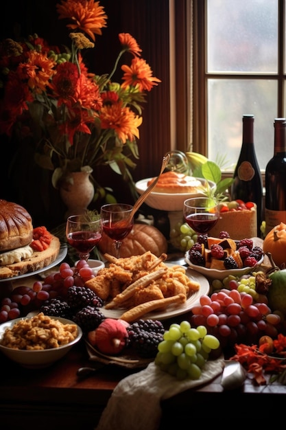 Foto cenário de mesa de ação de graças com comida festiva criada com ia generativa