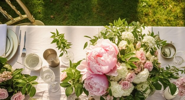 Cenário de mesa de férias mesa de jantar formal arranjo de mesa de flores de peônia com decoração de peônias para festa de casamento e celebração de eventos generativo ai