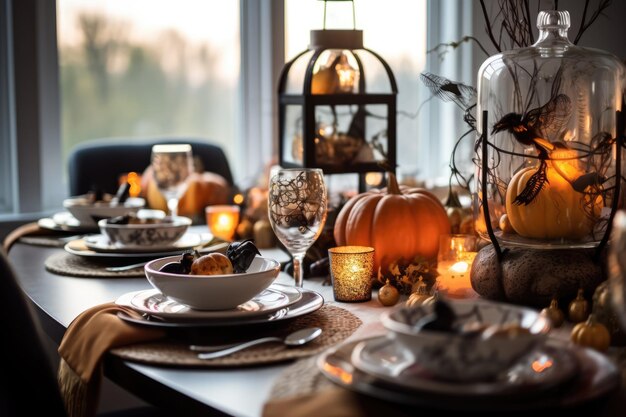 Cenário de mesa de Halloween com decoração de abóboras