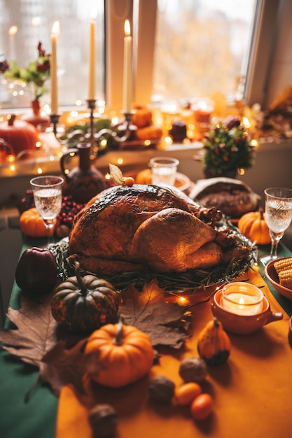 Cenário de mesa de jantar de feriado de ação de Graças com decoração de outono e abóboras