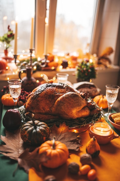 Cenário de mesa de jantar de feriado de ação de Graças com decoração de outono e abóboras