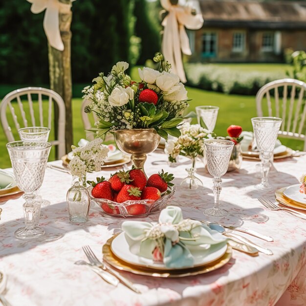 Cenário de mesa de jantar formal com decoração de morango para festa de casamento e comemoração de eventos de férias generativo ai