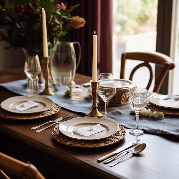 Cenário de mesa de jantar formal com talheres elegantes e talheres para decoração de casamento e eventos