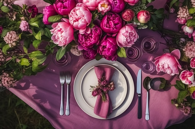 Cenário de mesa de jantar formal de férias, cenário de mesa de peônia rosa com decoração de peônias para festa de casamento e celebração de eventos generativo ai