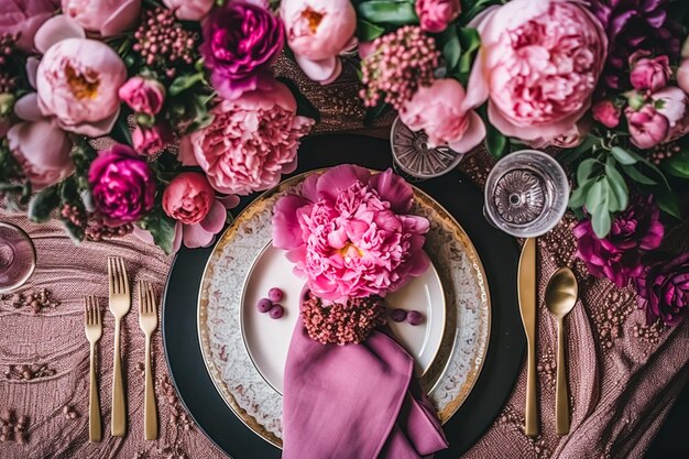 Cenário de mesa de jantar formal de férias, cenário de mesa de peônia rosa com decoração de peônias para festa de casamento e celebração de eventos generativo ai