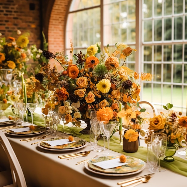 Cenário de mesa de outono Cenário de mesa de jantar outonal Cenário de mesa de férias para aniversário de casamento ou celebração de evento de festa generativo ai