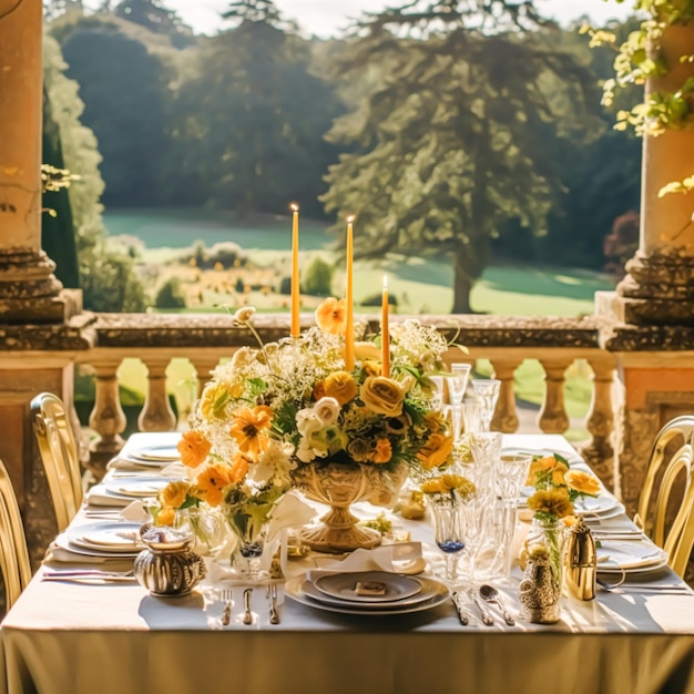 Cenário de mesa de outono Cenário de mesa de jantar outonal Cenário de mesa de férias para aniversário de casamento ou celebração de evento de festa generativo ai
