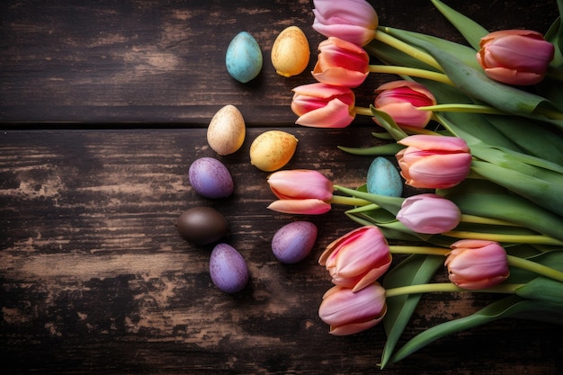 Cenário de mesa de Páscoa colorido com ovos de tulipas e detalhes em madeira Generative AI