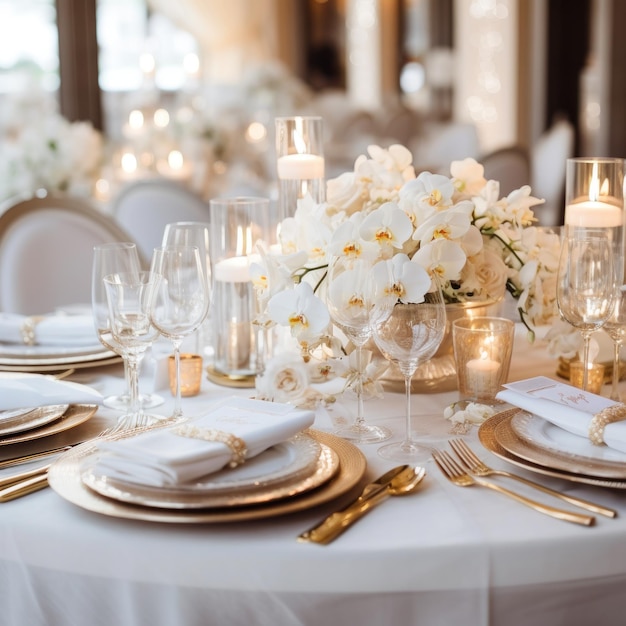 Cenário de mesa elegante com detalhes dourados, sofisticado e chique