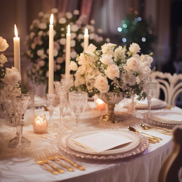 Cenário de mesa em um casamento de luxo e lindas flores na mesa generat ai