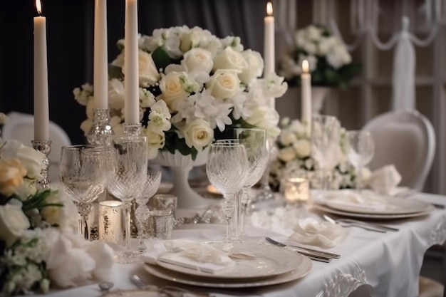 Cenário de mesa em um casamento de luxo e lindas flores na mesa