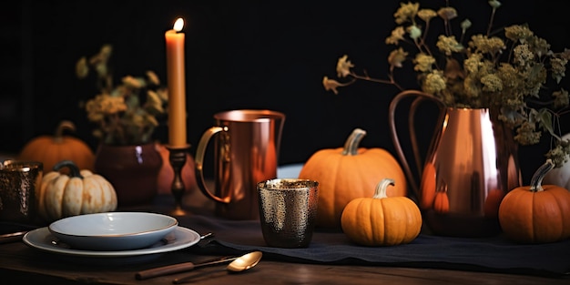 Cenário de mesa para celebrar o design moderno em preto e bronze do Dia de Ação de Graças