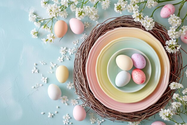 Cenário de mesa pastel arco-íris de Páscoa para jantar com pratos de cerâmica flor e ovos de Páscoa