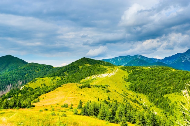 Cenário de montanhas coloridas de verão com nuvens. Babky Hill em West Tatras, Liptov, Eslováquia