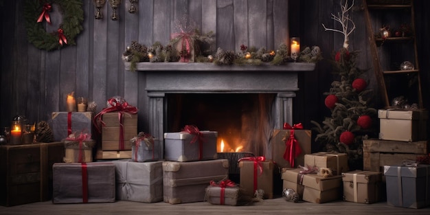 Cenário de Natal no interior da casa com lareira de parede de madeira preta presentes de árvore de Natal velas AI
