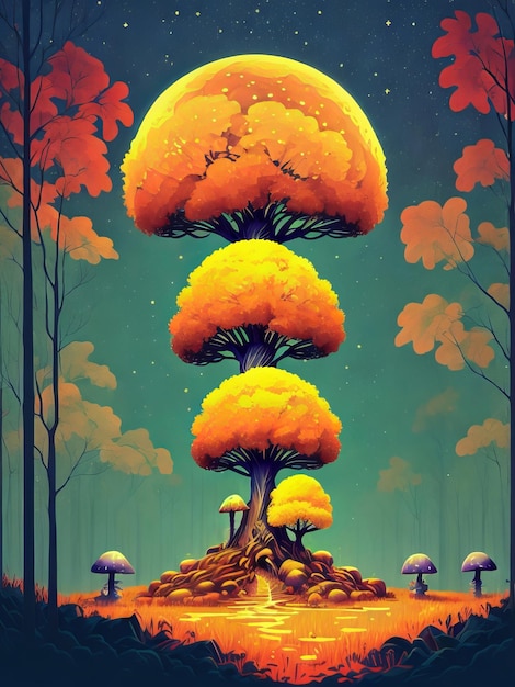 Cenário de paisagem de natureza livre com fundo com árvore de cogumelo IA generativa