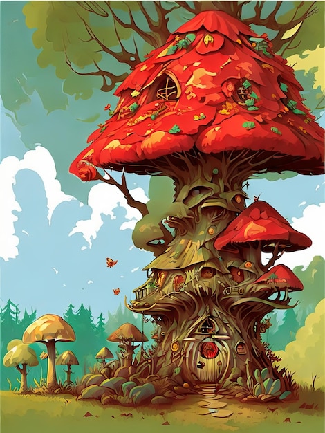 Cenário de paisagem de natureza livre com fundo com árvore de cogumelo IA generativa